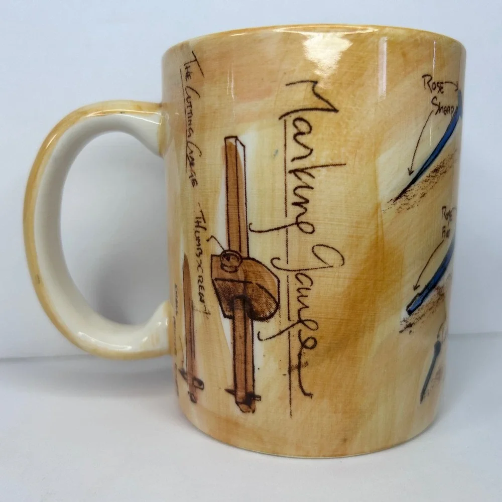 Restoration Hardware Hand Tools Blueprint Coffee Mug Woodworking Sketch Tan Blue